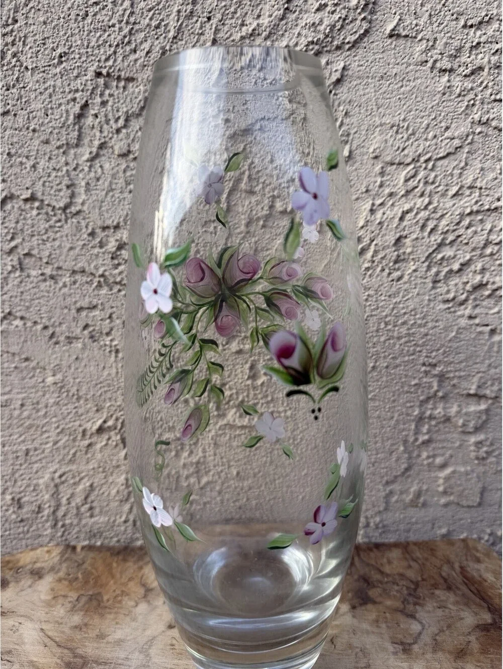 Vintage Hand Painted Glass Vase Pink Floral Flowers Art Deco Style 10 Inch